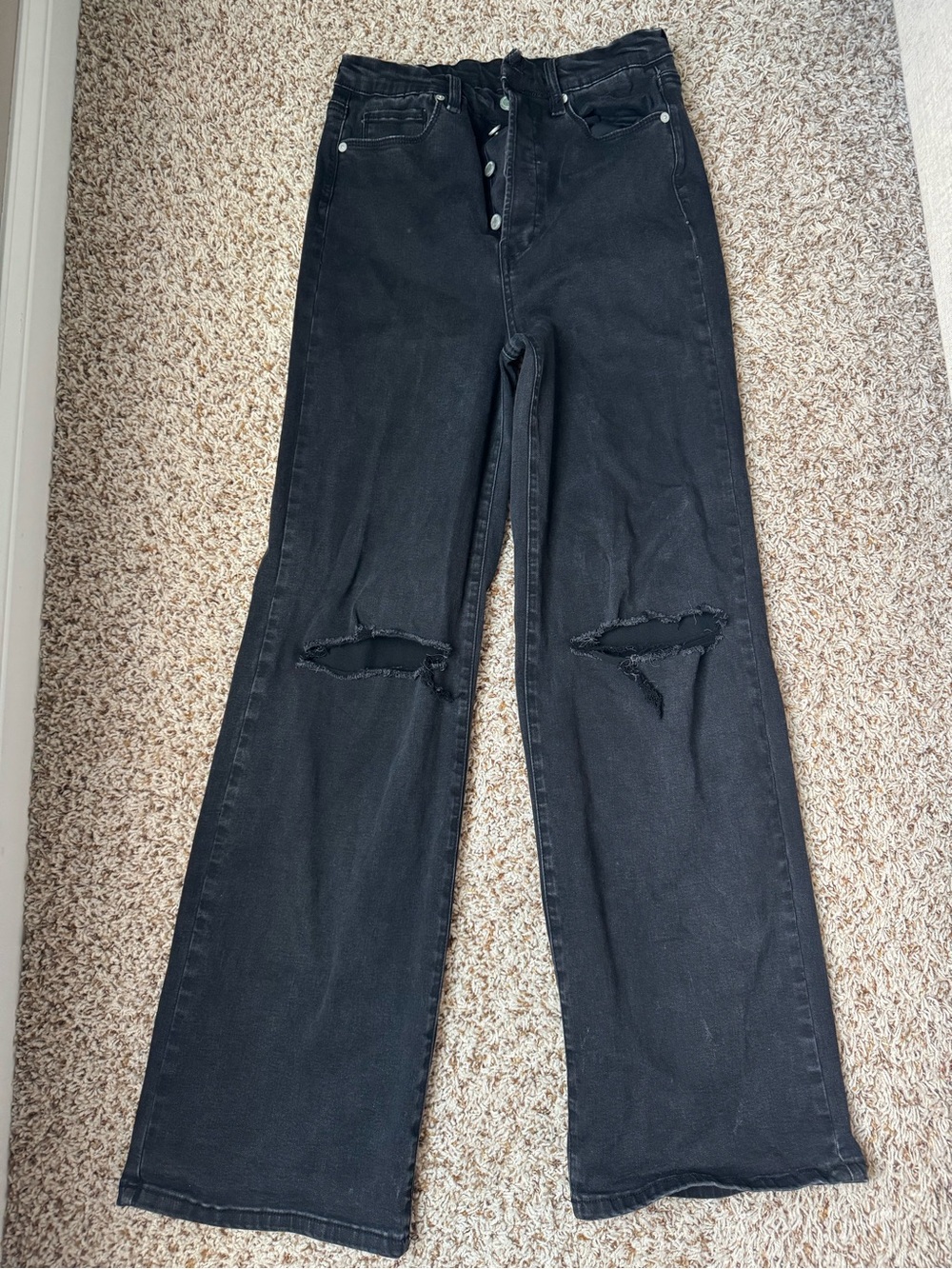 Blank NYC Black High-Rise Wide Leg Jeans with Distressed Knees